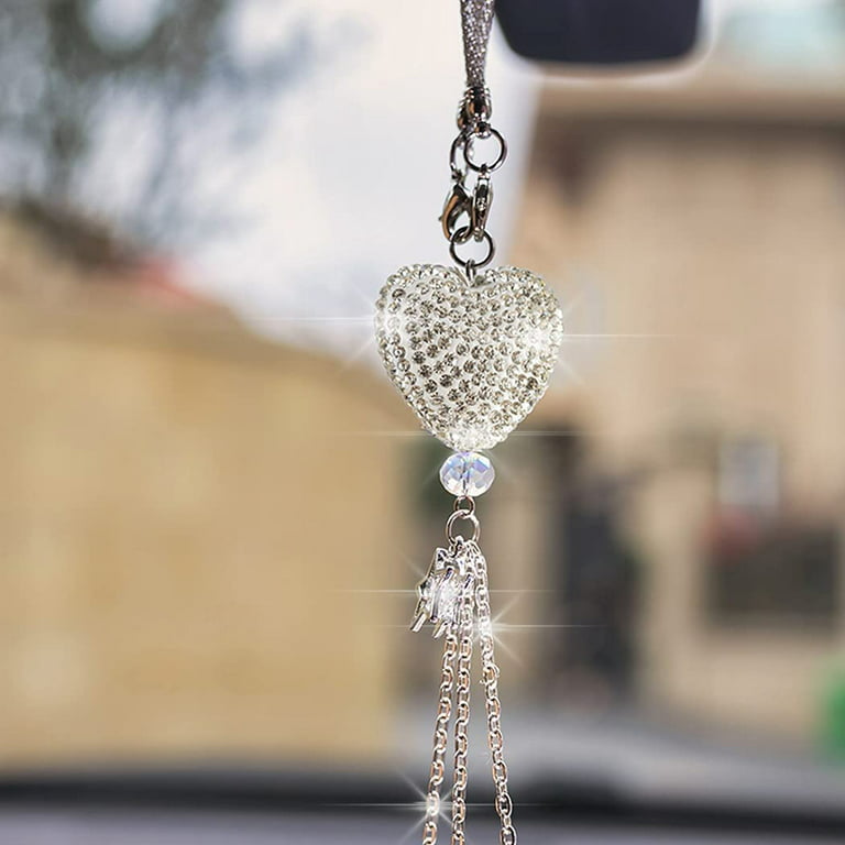FINESTEP Bling Rear View Mirror Car Charm Pendant, Face Mask Hook/Holder,  Rhinestone Heart with Facemask Charm and Crystal Sun Catcher Hanging