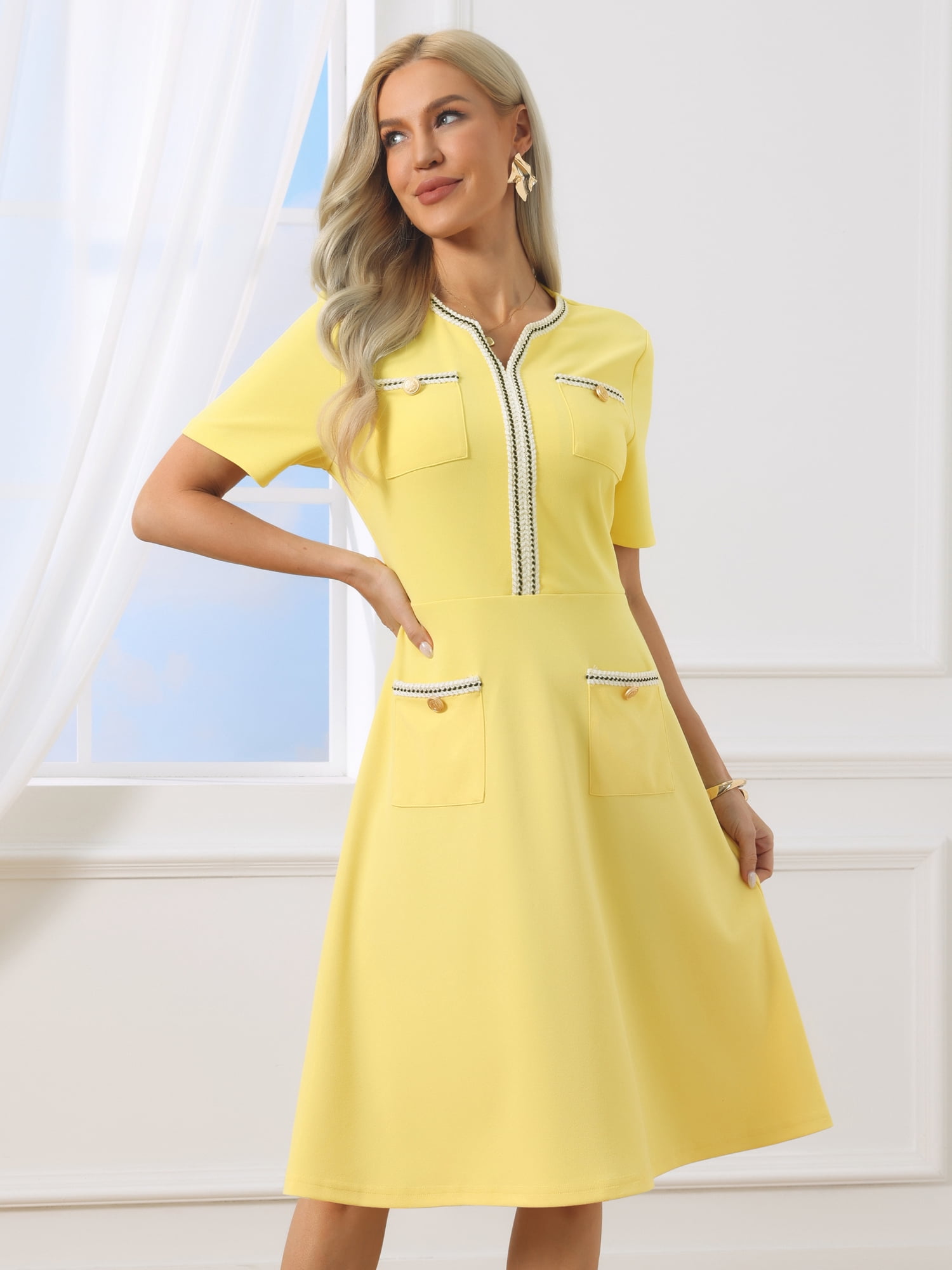 DARING DIVA Women's Tweed A-Line V Neck Short Sleeve Dress with Pockets S Light Yellow