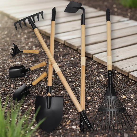 Gardening Tools Set, Long Shovel, Rake, Spade, Hoe, Steel Heads & Wood Handle