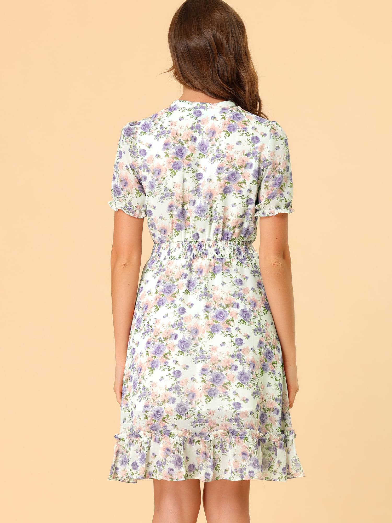DARING DIVA Floral Ruffle Hem A-Line Smocked Chiffon Dress L White