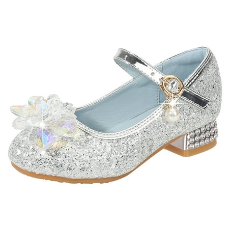 Huesdet Girls Heels Dress Shoes Mary Jane Bows Pumps Low Heel Princess Flower Wedding Party for Toddler Little Kid(Grey 5 Years)