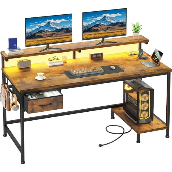 39.3Inch Office Desk with Power Outlet & Drawer, Gaming Desk with CPU Stand& LED Lights,Computer Desk with Ergonomic Monitor Stand for Small Space,Rustic Brown