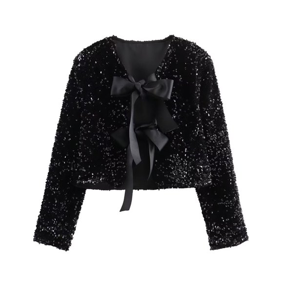 Fmbrln Womens Neckless Long Sleeve Cropped Cardigan Summer Casual Sequined Vacation Party Shrugs with Big Bow Decoration
