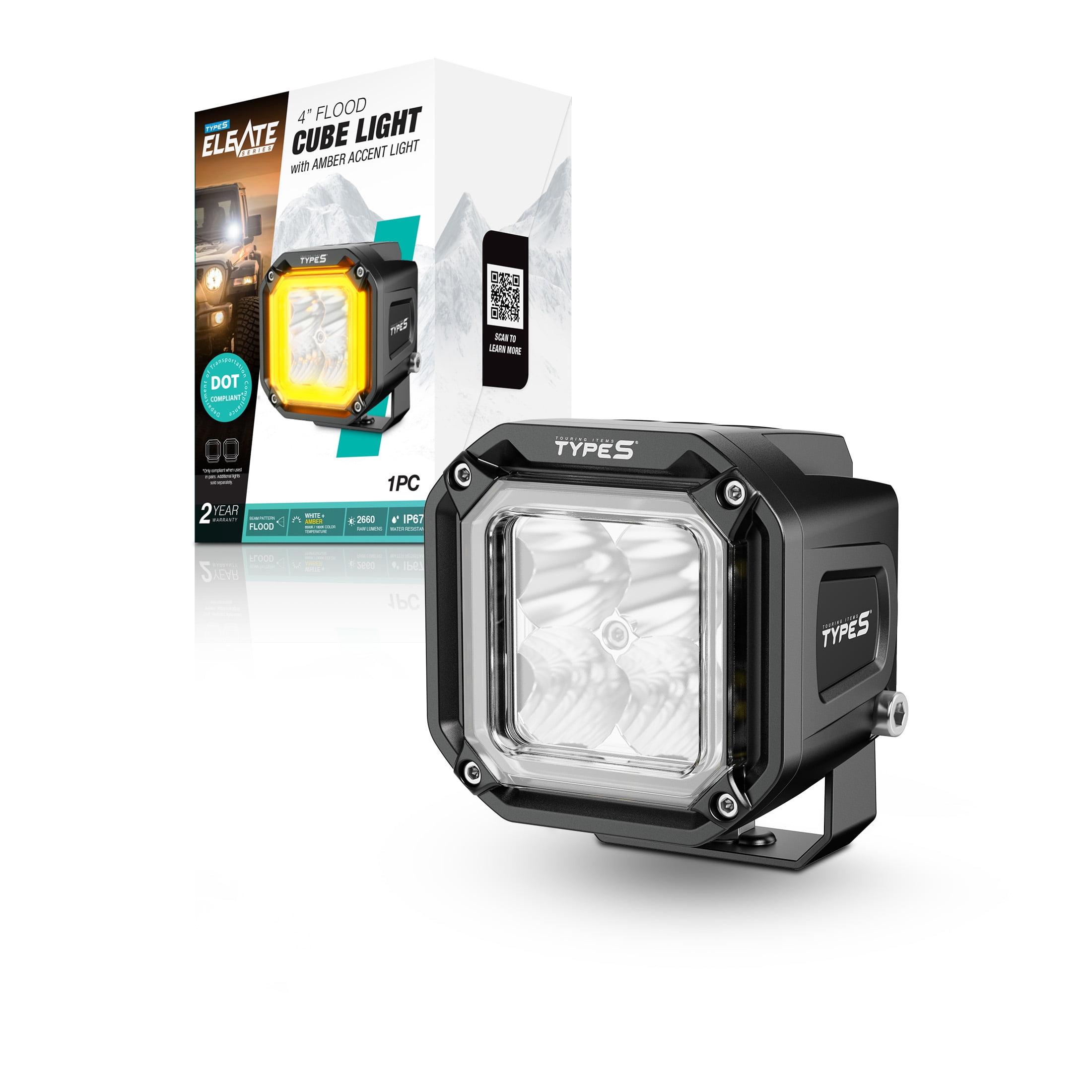 (2 pack) TYPE S Elevate - 4 Inch Flood Beam Cube Pod Light With Amber Accent Light - DOT Compliant - 2660 Raw Lumens, Waterproof, Die-cast, Off Road Lights, Truck, Jeep, UTV, ATV, SUV, 1 Pack