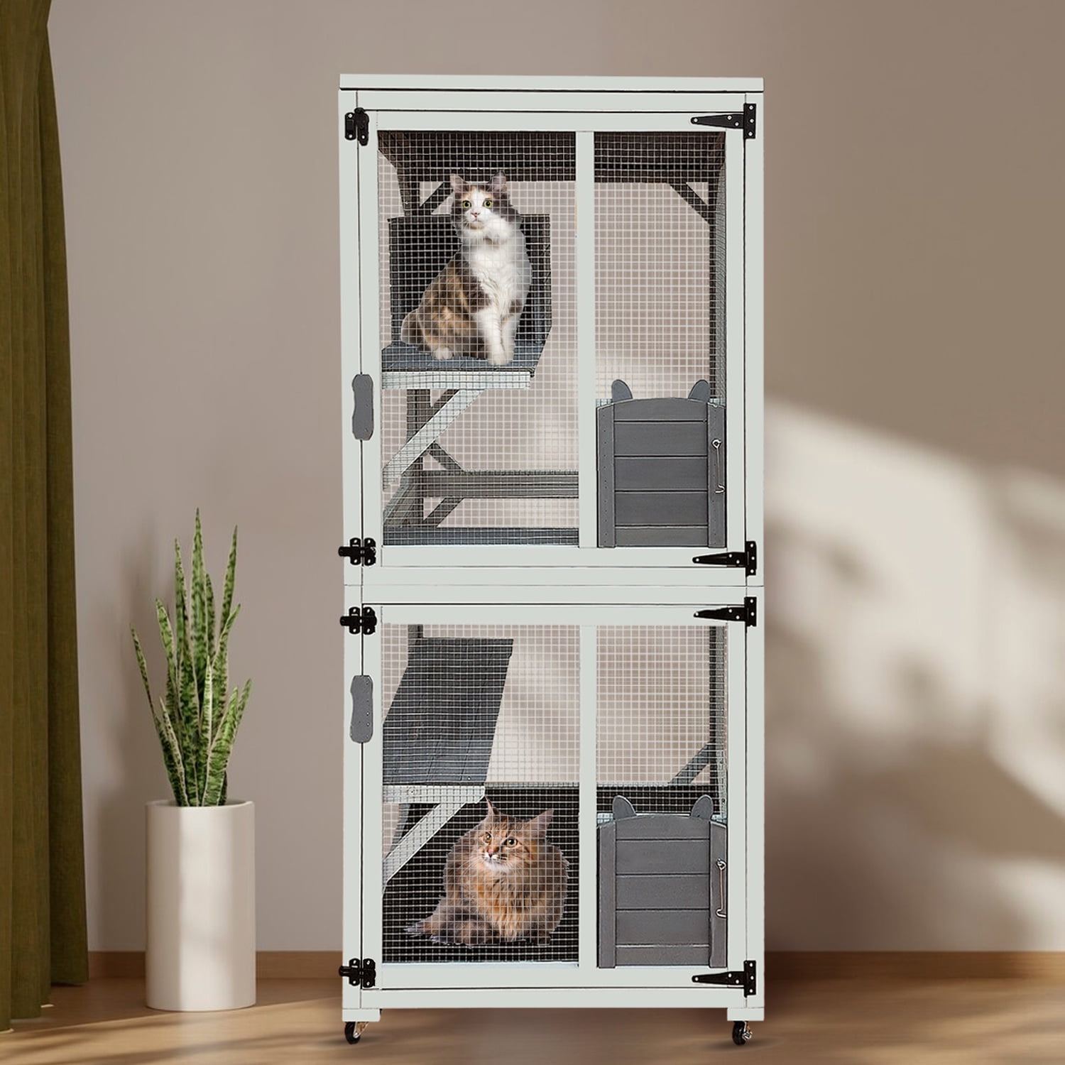 Catio, 2-Tier Outdoor Cat Enclosure, Wooden Cat House for Outside Indoor Kitty Cage on Wheels, All-weather Waterproof Top, Resting Box and Jump Platform, 71''H