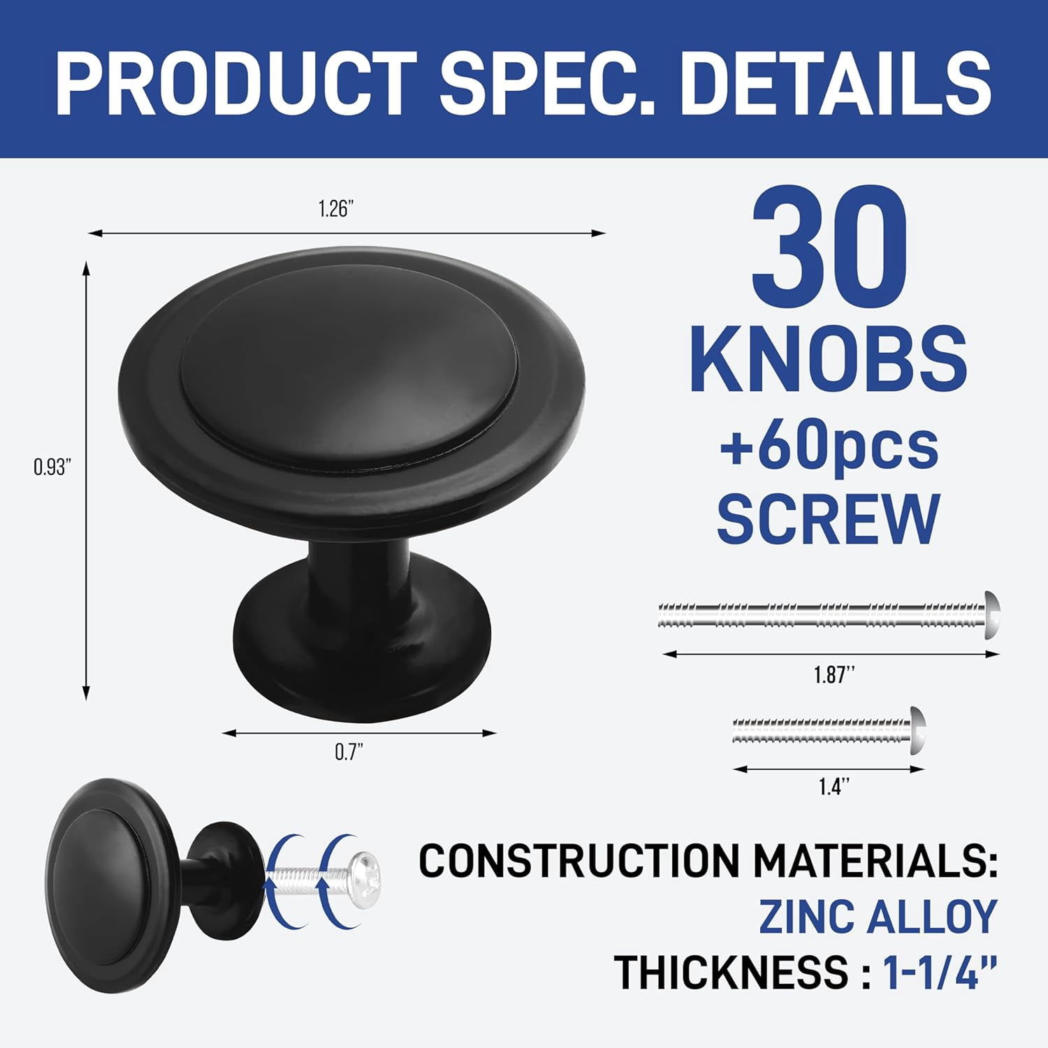 30pcs Matte Black Cabinet Knobs – 1-1/4” Modern Drawer Pulls, Durable Zinc Alloy Handles with Short & Adjustable Screws for Kitchen, Dresser, Cabinets