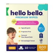 Hello Bello Premium Fragrance-Free Baby Wipes, 10 Flip-Top Pouches (600 Total Wipes)