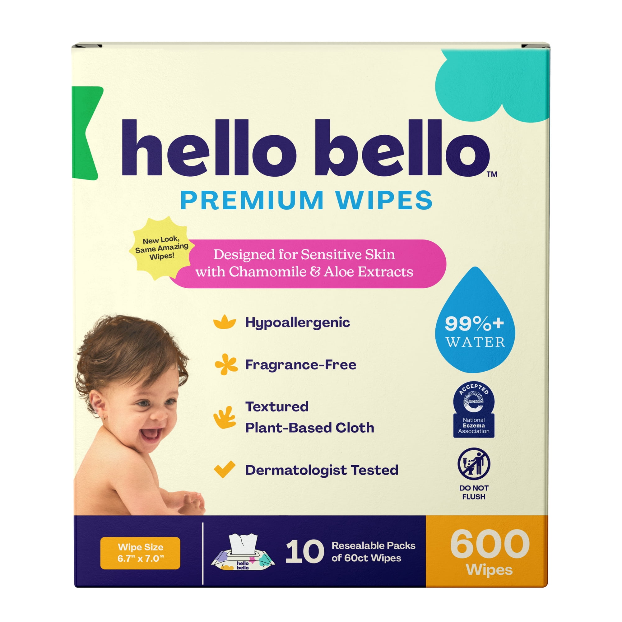 Hello Bello Premium Fragrance-Free Baby Wipes, 10 Flip-Top Pouches (600 Total Wipes)
