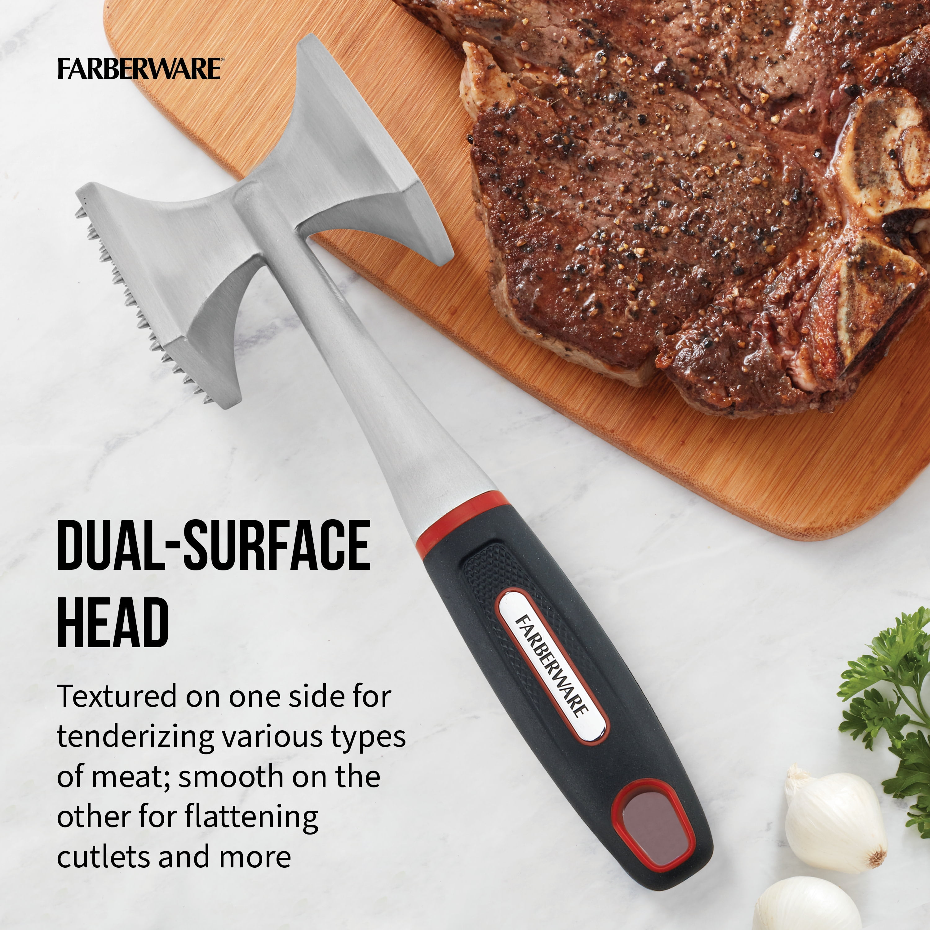 Farberware Soft Grips Meat Stainless Steel Tenderizer with Black Handle and Red Accents