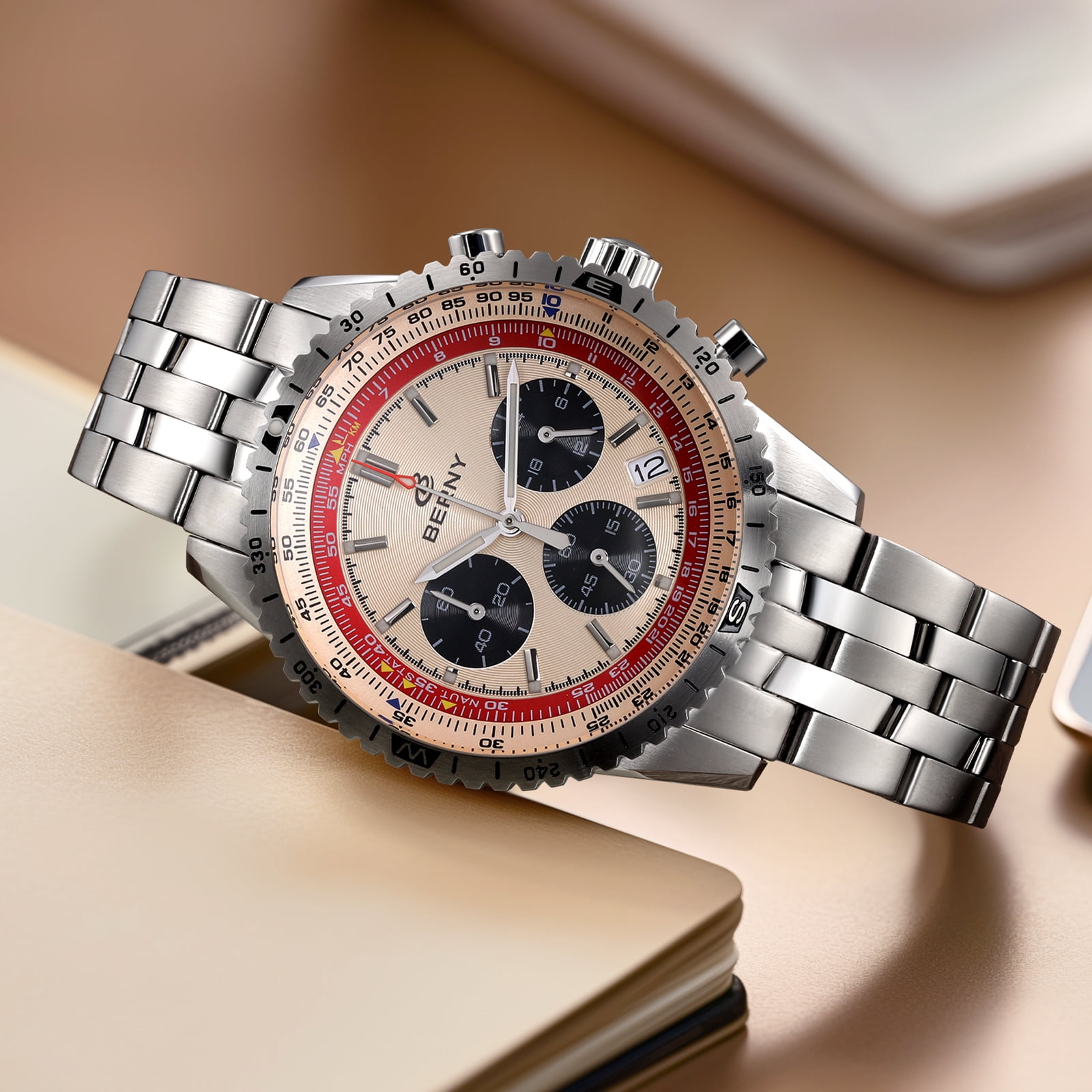 BERNY Silver Chronograph Watches for Men, Sport Luxury Analog Quartz Watch with Tachymeter, Stainless Steel, Waterproof, Luminous, Sapphire Crystal, Date Calender, Men's Wristwatch (Beige)