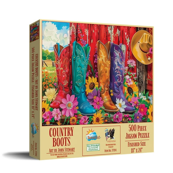 SUNSOUT INC - Country Boots - 500 piece Jigsaw Puzzle for Adults by Artist: John Stewart - Finished Size 18" x 24" - MPN# 77194