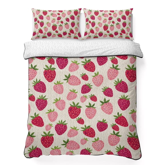 Twin XL Quilt Set 68''x98'', Red Pink Strawberry Lightweight Bedspread Coverlet Set with 2 Pillow Shams, Beige Lovely Summer Spring Fruit Breathable All Season Quilt Bedding for Dorm/Guest Room