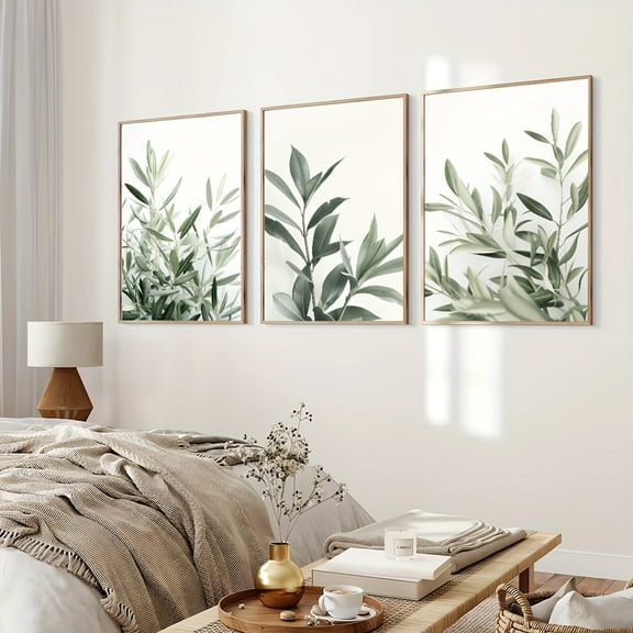 Set of 3 Unframed Boho Green Botanical Leaf Wall Art Poster Canvas Print Minimalist Olive Tree Painting for Apartment,Living Room,Bedroom,Modern Home Decoration