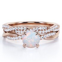 JeenMata Twisted Pave - 1.75 Carat Round Shaped Rainbow Opal and Moissanite - Four Prong Wedding Set - 18K Rose Gold Plating over Silver
