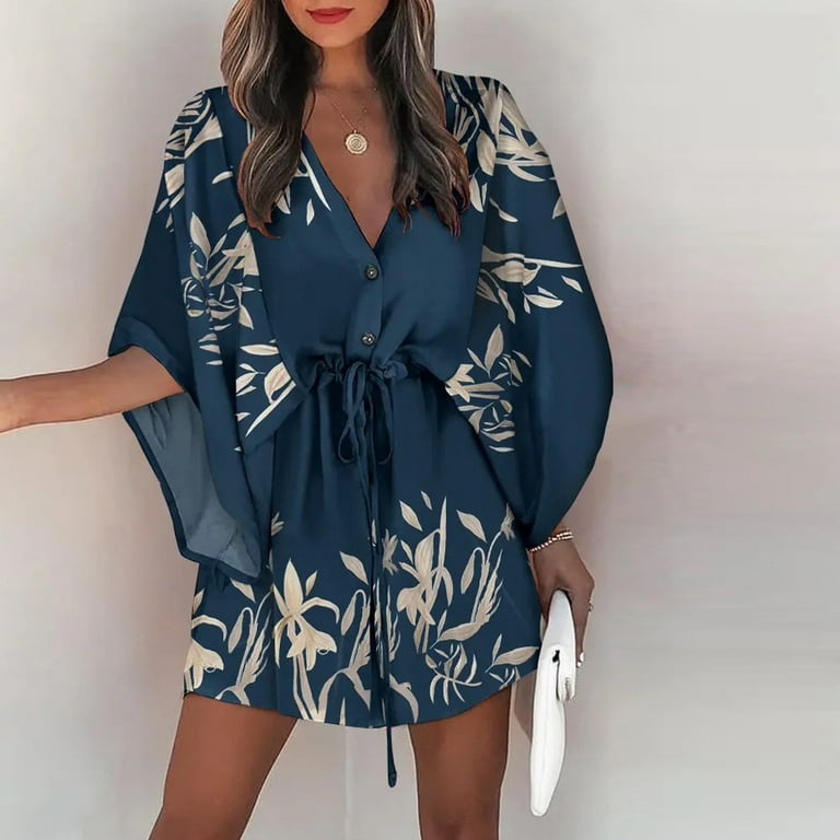 Fesfesfes Women's Spring Casual Button Front Printed V-Neck Loose