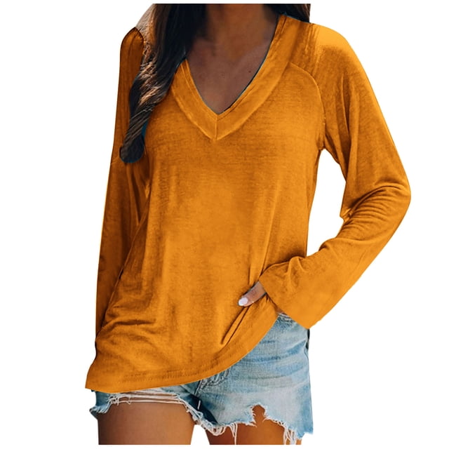 KIHOUT Spring Winter Womens Tops Fashion Casual Long Sleeve V-Neck Solid Color Ladies Tops Blouse