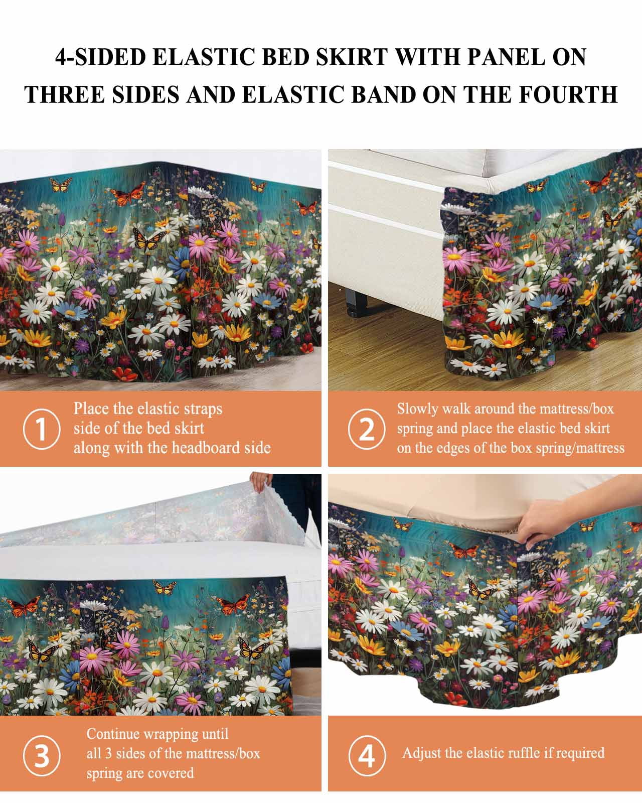 Spring Floral Bed Skirt Queen Size, Colorful Daisy Summer Botanical Butterfly Wrap Around Bed Skirting with Adjustable Elastic Strap, Dust Ruffle Pleated Bedskirts 16 Inch Drop for Bedroom Queen Beds