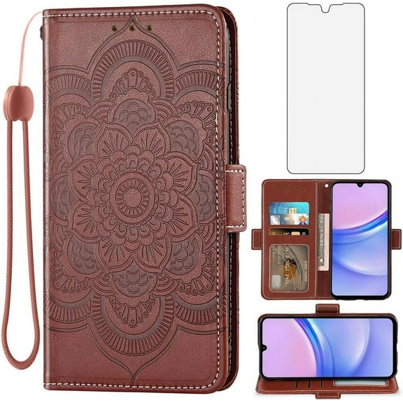 Phone Case for Samsung Galaxy A15 5G Wallet Cover with Tempered Glass Screen Protector and Leather Flip Credit Card Holder Stand Wrist Strap Folio Cell Accessories A 15 4G 15A Women Men Brown