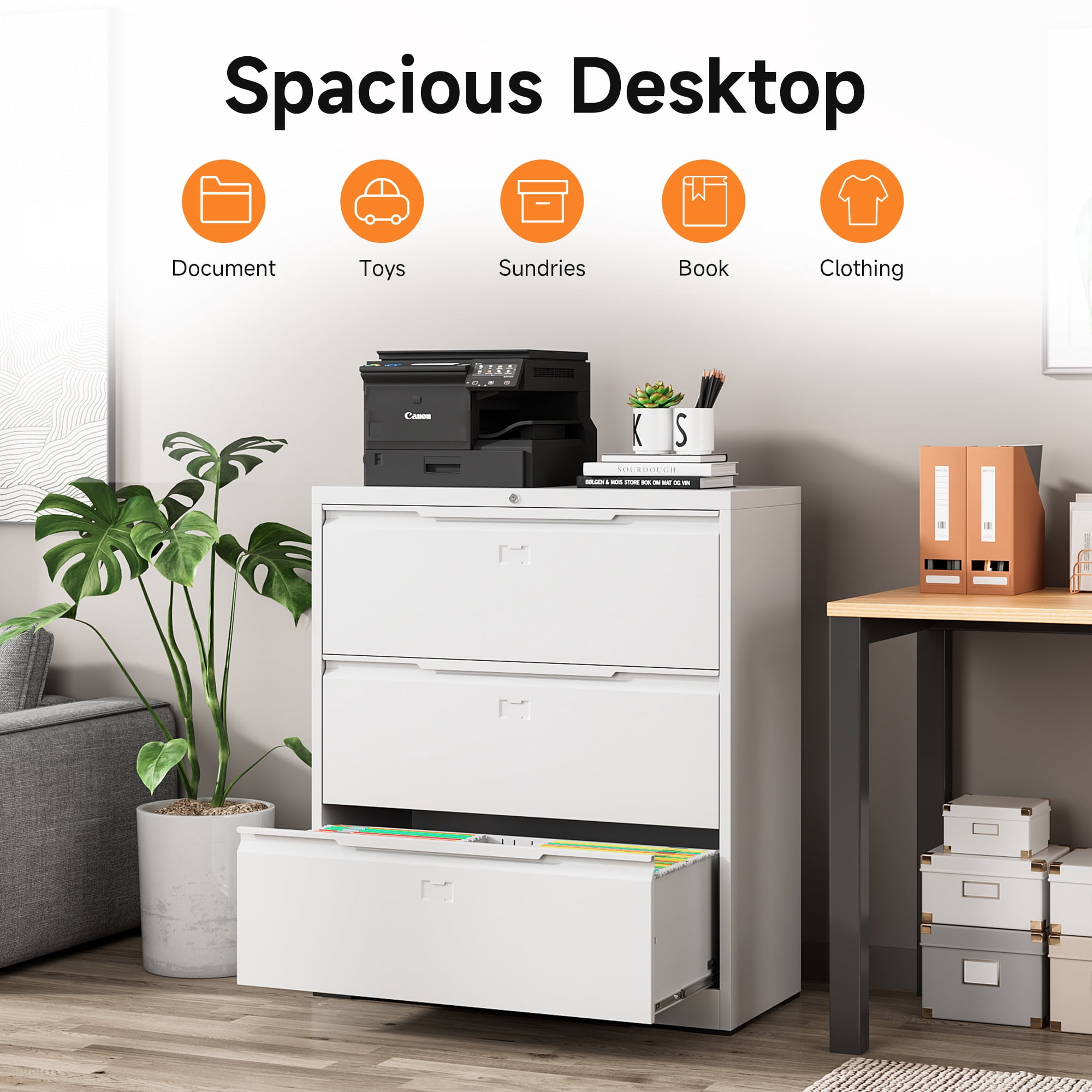 Coolsun Lateral File Cabinet, 3 Drawer File Cabinet with Lock, Wide Filing Cabinet for Home Office, Metal Locking Cabinet for Hanging A4/F4/Letter/Legal, Assembly Required (White, 3 Drawer)