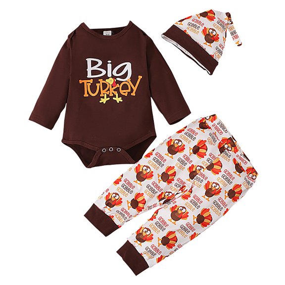 Xudanell Toddler Clothes for Boys Thanksgiving Long Sleeved Triangle Crawling Letter Printed Graphic Hoodie Turkey Pants Hat 3 Piece Set 6-12 Months Brown