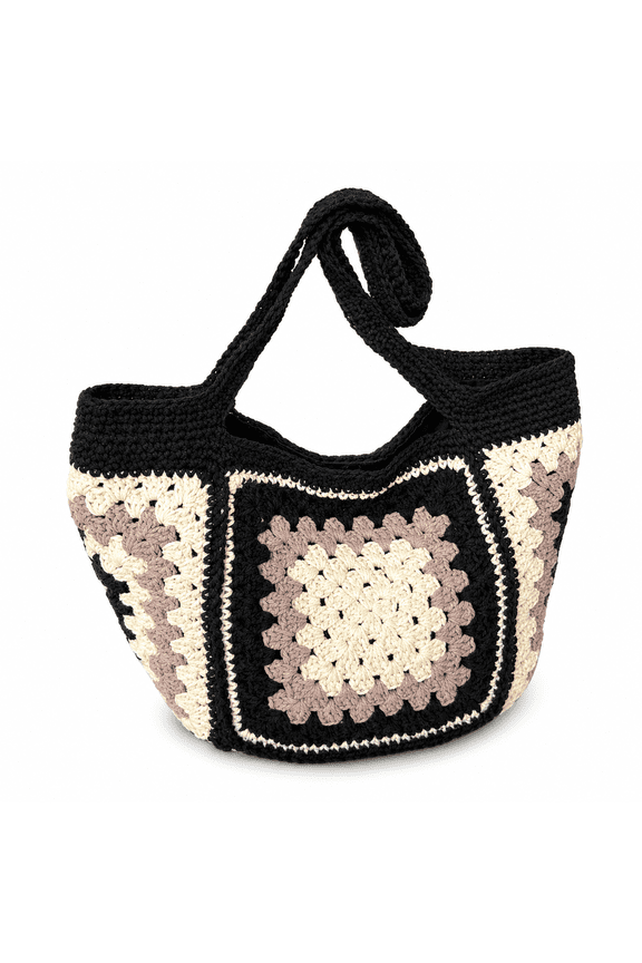 Crochet Tote Bag for Women, Large Capacity Granny Square Boho Bucket Bag, Foldable Knit Shoulder Handbag for Beach, Vacation, Shopping and Daily Use