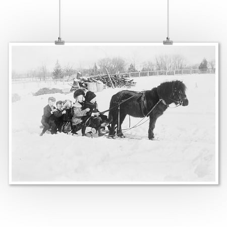 - Children on Pony Drawn Sled Photograph (9x12 Art Print, Wall Decor Travel Poster)