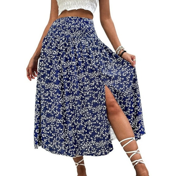 Women'S Print Long Skirts High Waist Split A Line Full Length Maxi Skirt Navy Blue M