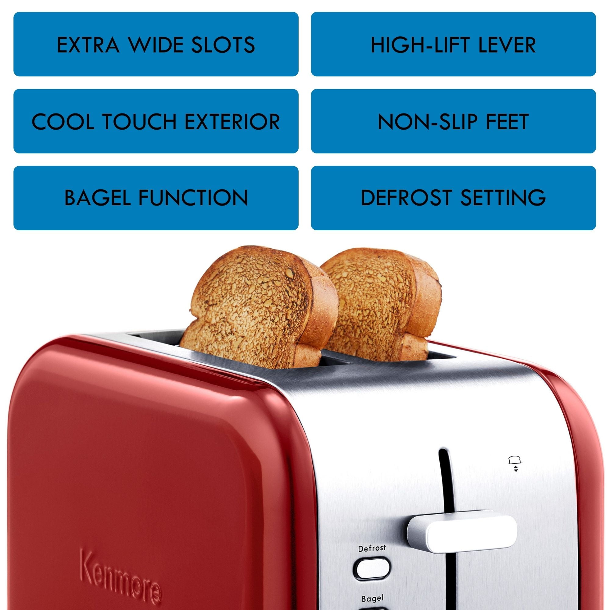 Kenmore 2-Slice Stainless Steel Toaster, Extra Wide Slots, 9 Browning Levels for Toast- Red & Silver
