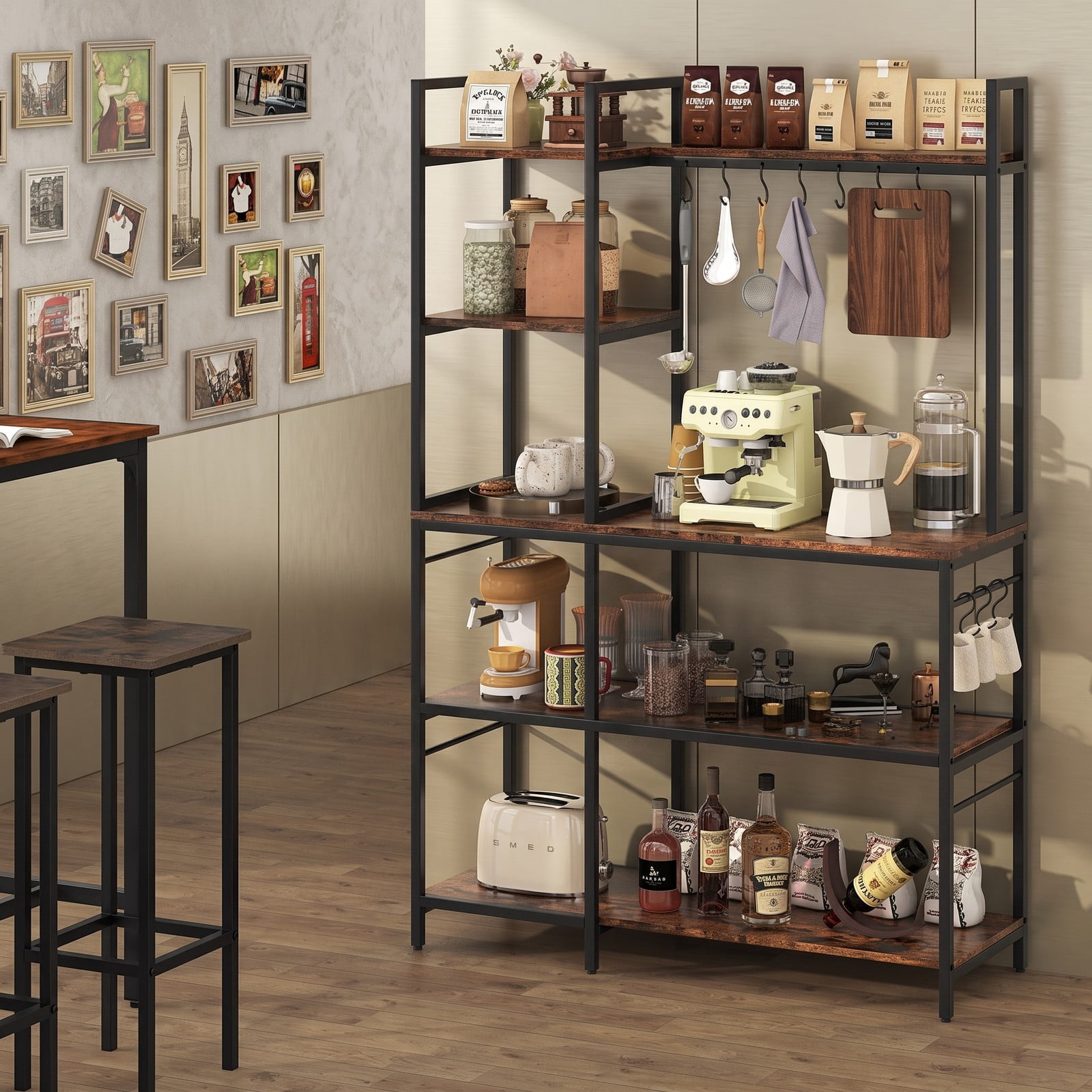 RUIE 5-Tier Kitchen Bakers Rack with Power Outlets, USB & Type-C Charging Station, 10 S-Hooks and Adjustable Feet, Freestanding Metal Microwave Storage, Rustic Brown