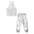 thumbnail image 4 of TiaoBug Kids Girls Hip Hop Jazz Ballet Dance Costume Sequins Halter Sleeveless Dance Crop Top with Metallic Pants Silver 10, 4 of 5