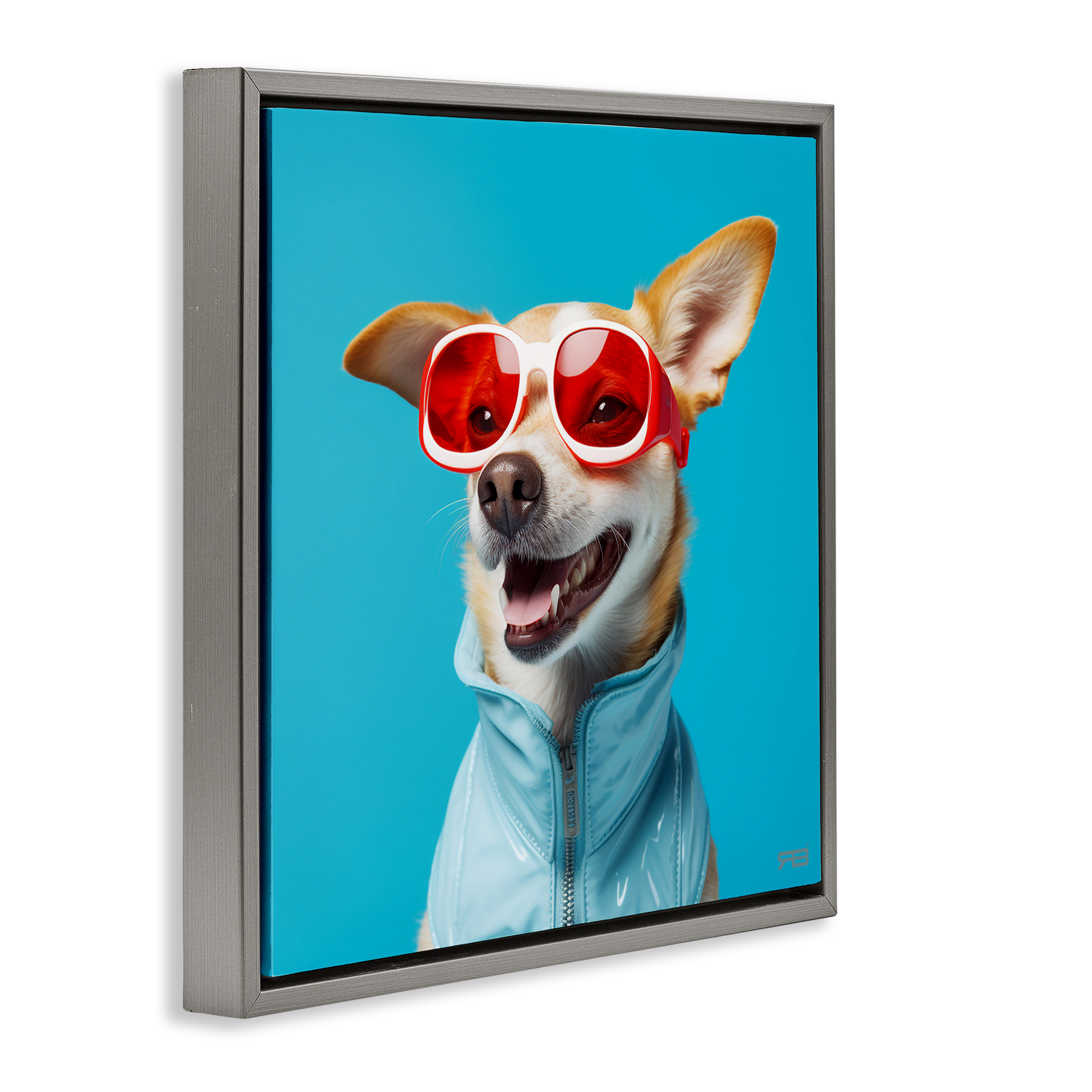 Stupell Industries Stylish Dog on Blue Animals & Insects Painting Gray Floater Framed Canvas Art Print Wall Art, 18 x 18