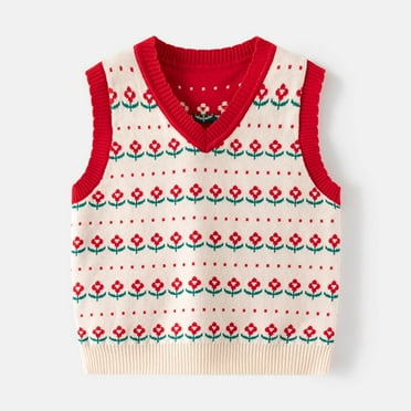 Tao Boys Girls Flower Print Sweater Vest Cotton V-Neck Vest Kids Uniform Sleeveless Sweaters Double-layer Warm Sweater Vest For ChildrenRed7 Years