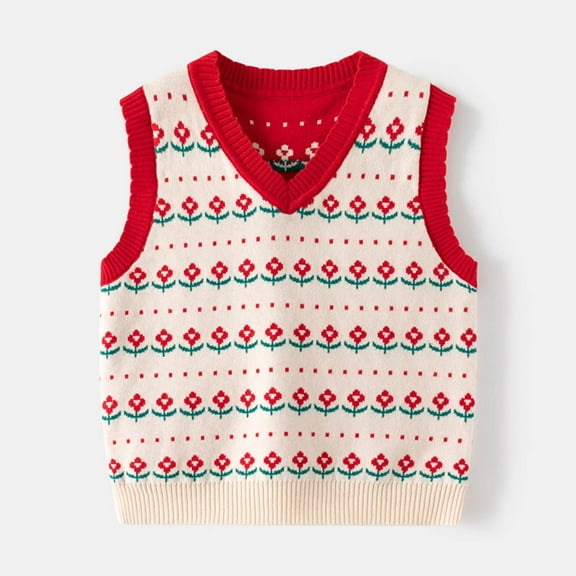 CYRBOKO Sweater Vests for Toddler Girls, Sleeveless Casual V-neck Cotton School Uniform Vests Red Size 3-4 T
