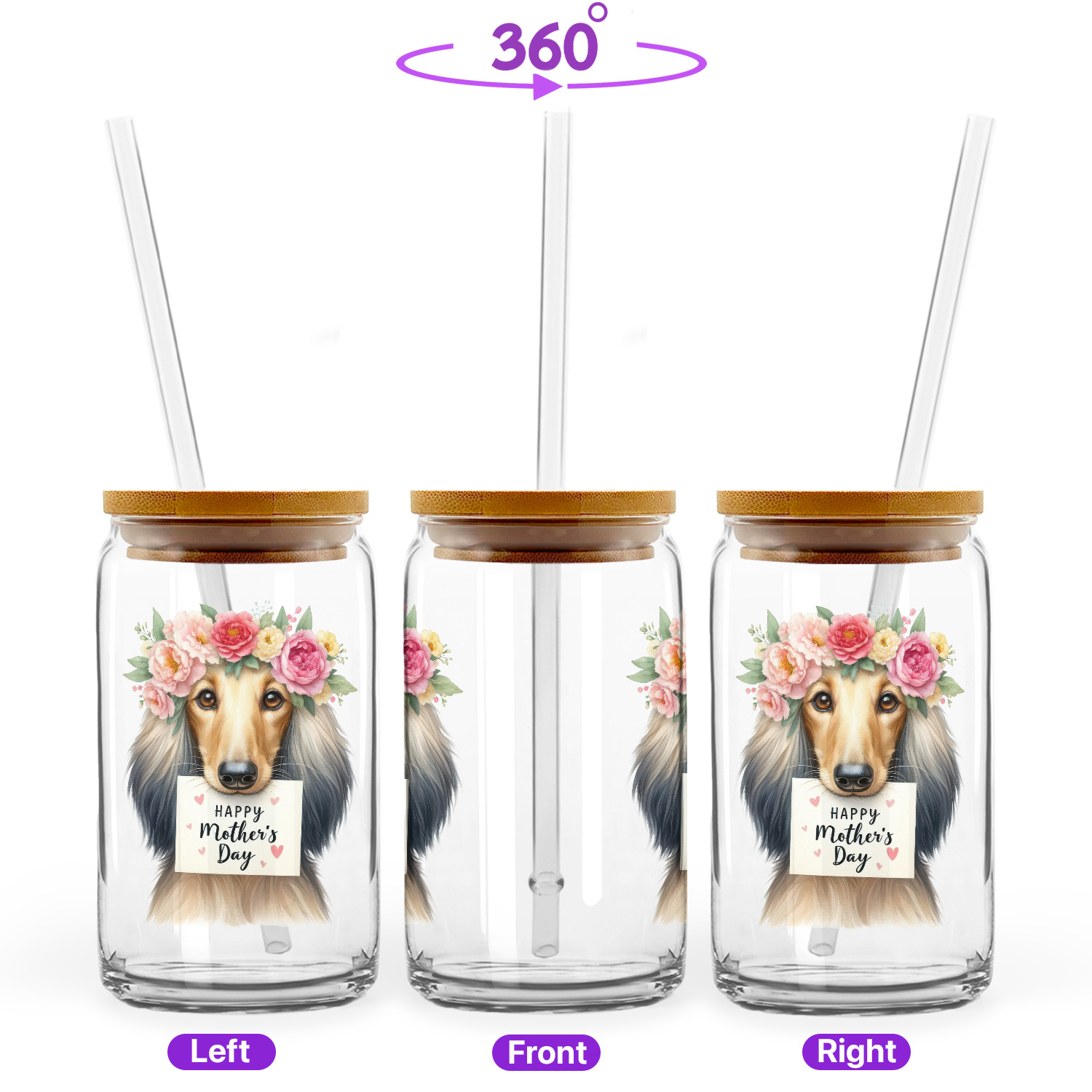 Happy Mother's Day Afghan Hound with Flower Crown and Greeting Card 16oz Glass Cup Mug Dog Lover Glass Can with Bamboo Lid and Straw - 13004