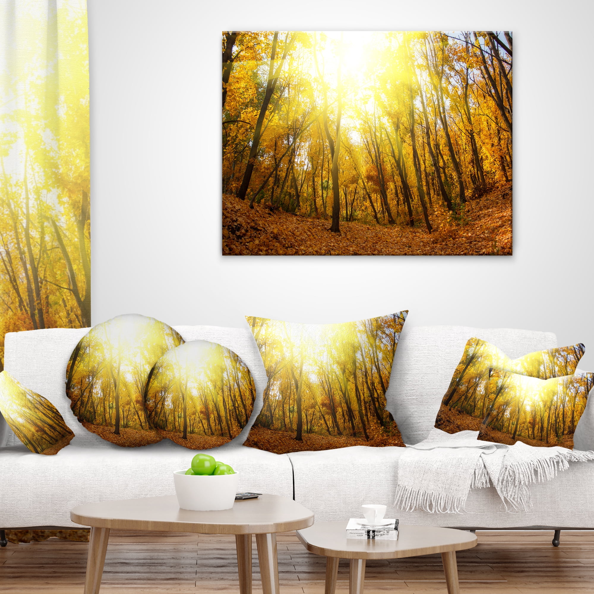 Designart Yellow Autumn Forest in Sunlight - Forest Throw Pillow - 12x20