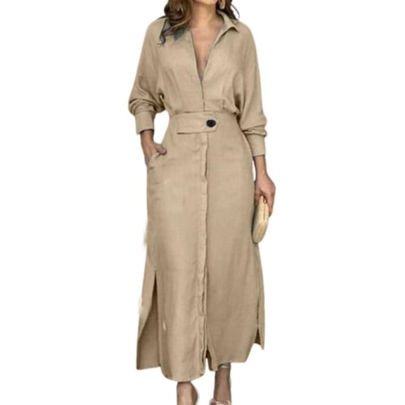 Yokua Women's long-sleeved, high-waisted, ankle-length bohemian-style maxi dress with button belt