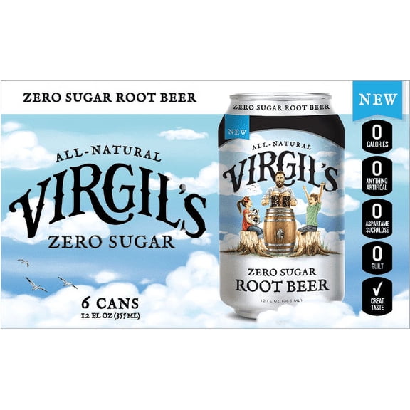 Virgil's Zero Sugar Root Beer Soda Pop, 12 Fl Oz, 6 Pack Cans