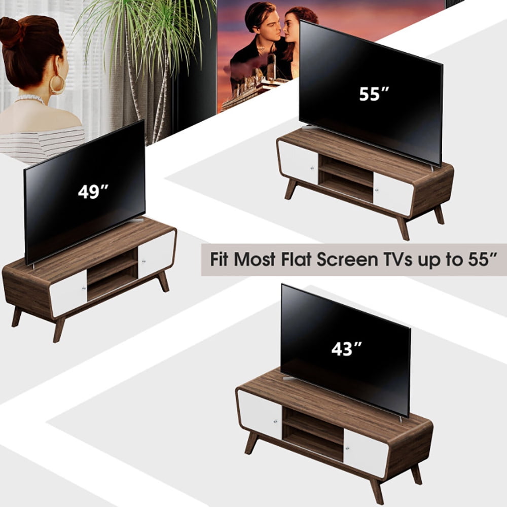 Finihen TV Stand, TV Cabinet, Sliding Door TV Stand with Adjustable Shelf for TVs up to 55 Inch, for Living Room, Bedroom, Walnut