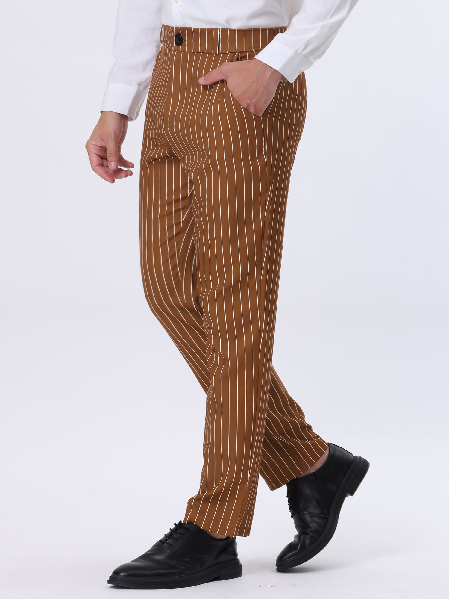 DARING DIVA Men's Striped Pants Business Color Block Straight Pants 30 Brown White