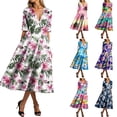 thumbnail image 2 of Women's Summer Floral V Neck Maxi Dress Short Sleeve High Waist A Line Flowy Boho Dresses,S-3XL, 2 of 7