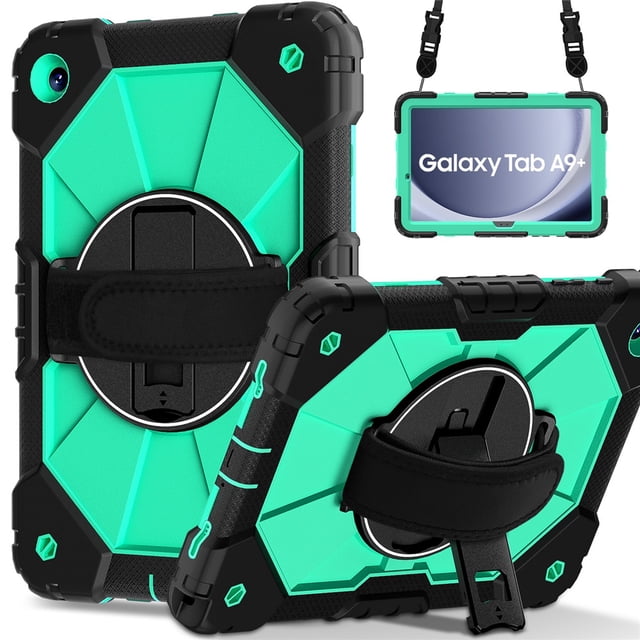 Funda Resistente a Golpes para Samsung Galaxy Tab A9+, Silicona Anti-caída + Funda Protectora de Capa de PC con Asa Giratoria de 360°, Soporte, Correa para el Hombro, Verde, para Galaxy Tab A9+