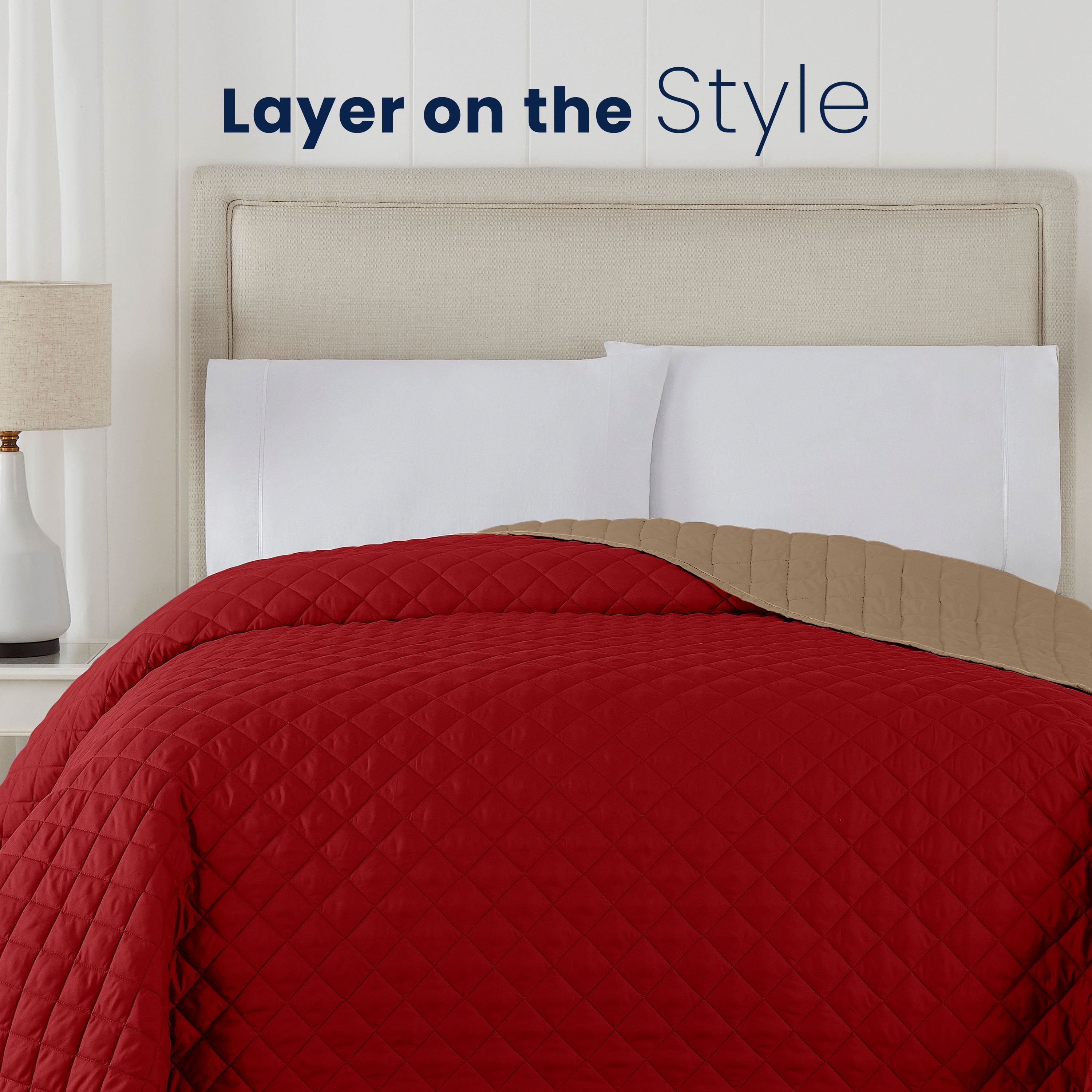Martex Reversible Microfiber Twin Coverlet, Soft Lightweight Bedding, Khaki/Red