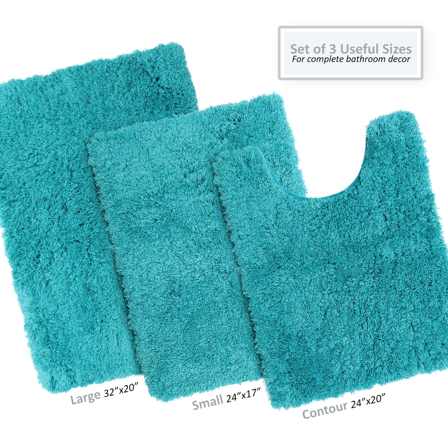 Clara Clark Set of 3 Absorbent Bath Mat Non-Slip Backing Rubber Bathroom Rugs, 17x24, 20x32, 32x48 Teal