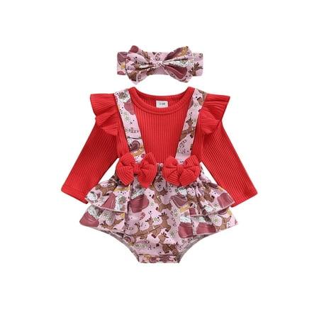 

Baby Girls Fall Winter Romper Dress Ruffle Long Sleeve Ribbed Shirt Top Skirt with Bowknot on Waist