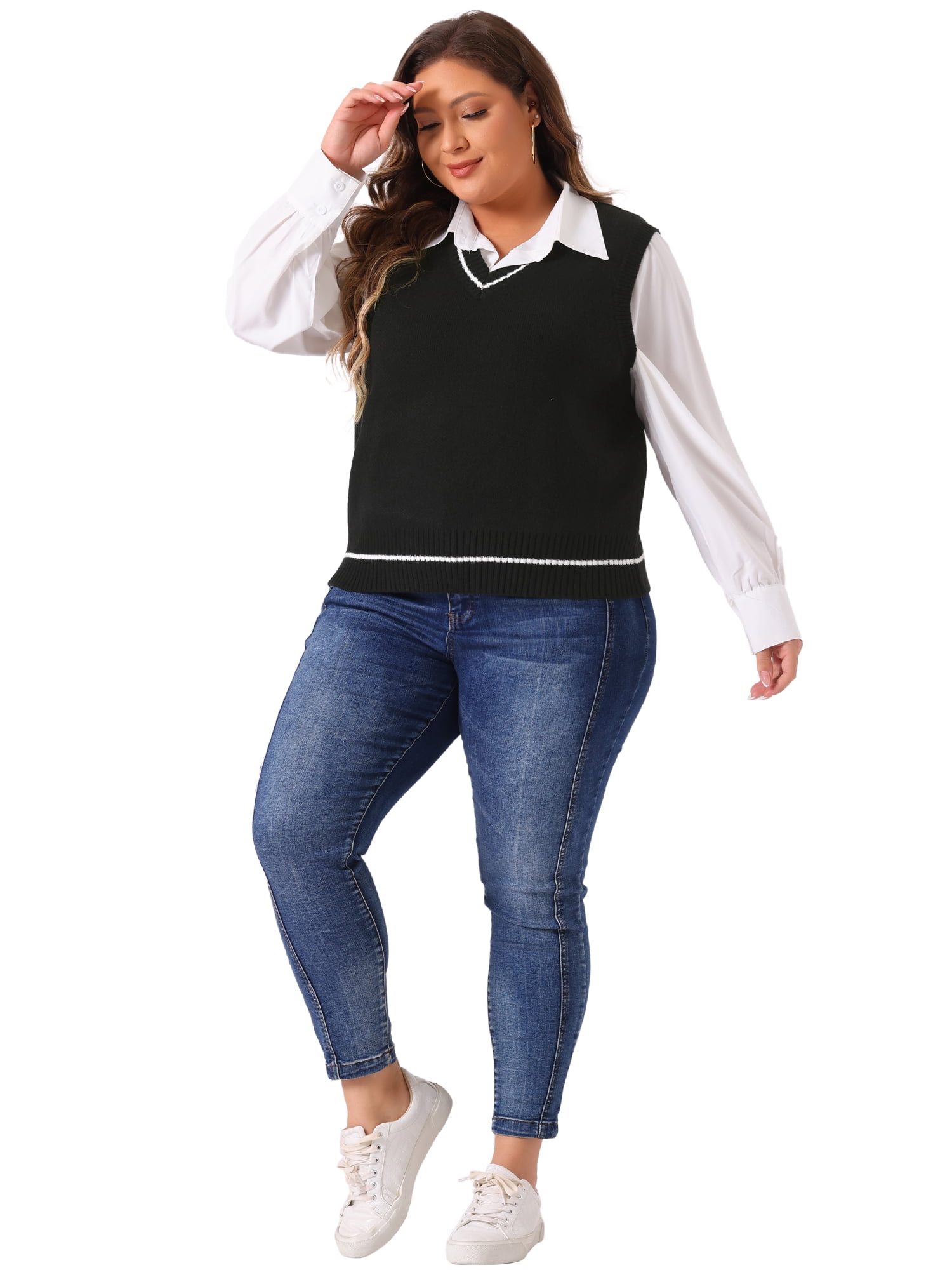 DARING DIVA Women's Plus V Neck Stripe Cable Knit Pullover Sweater Vest 1X Black