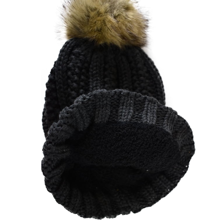 C.C Thick Cable Knit Faux Fuzzy Fur Pom Fleece Lined Skull  display picture 1