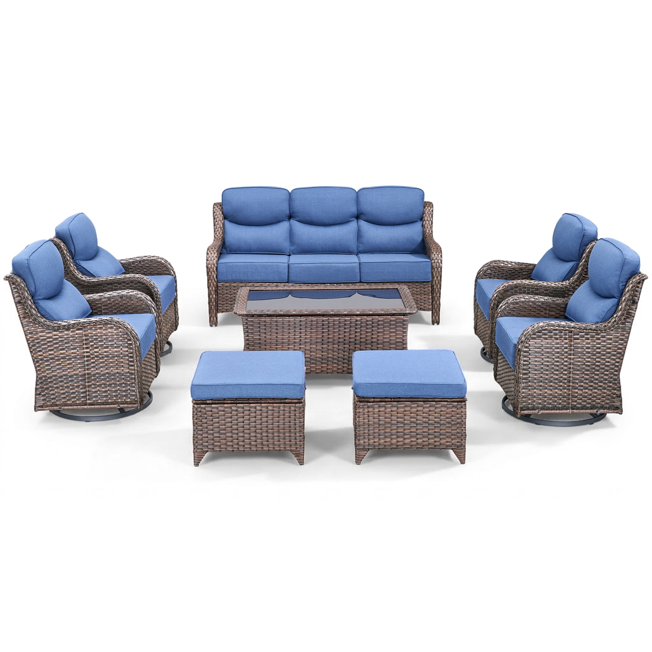 Unnifurnzi 8 Pieces Wicker Patio Furniture-Outdoor Swivel Chairs Set of 4 with 6 Inch Thick Cushions Outdoor Couch with Outdoor Foot Rest Outdoor Conversation Sets for Deck Porch Poolside-Brown/Blue