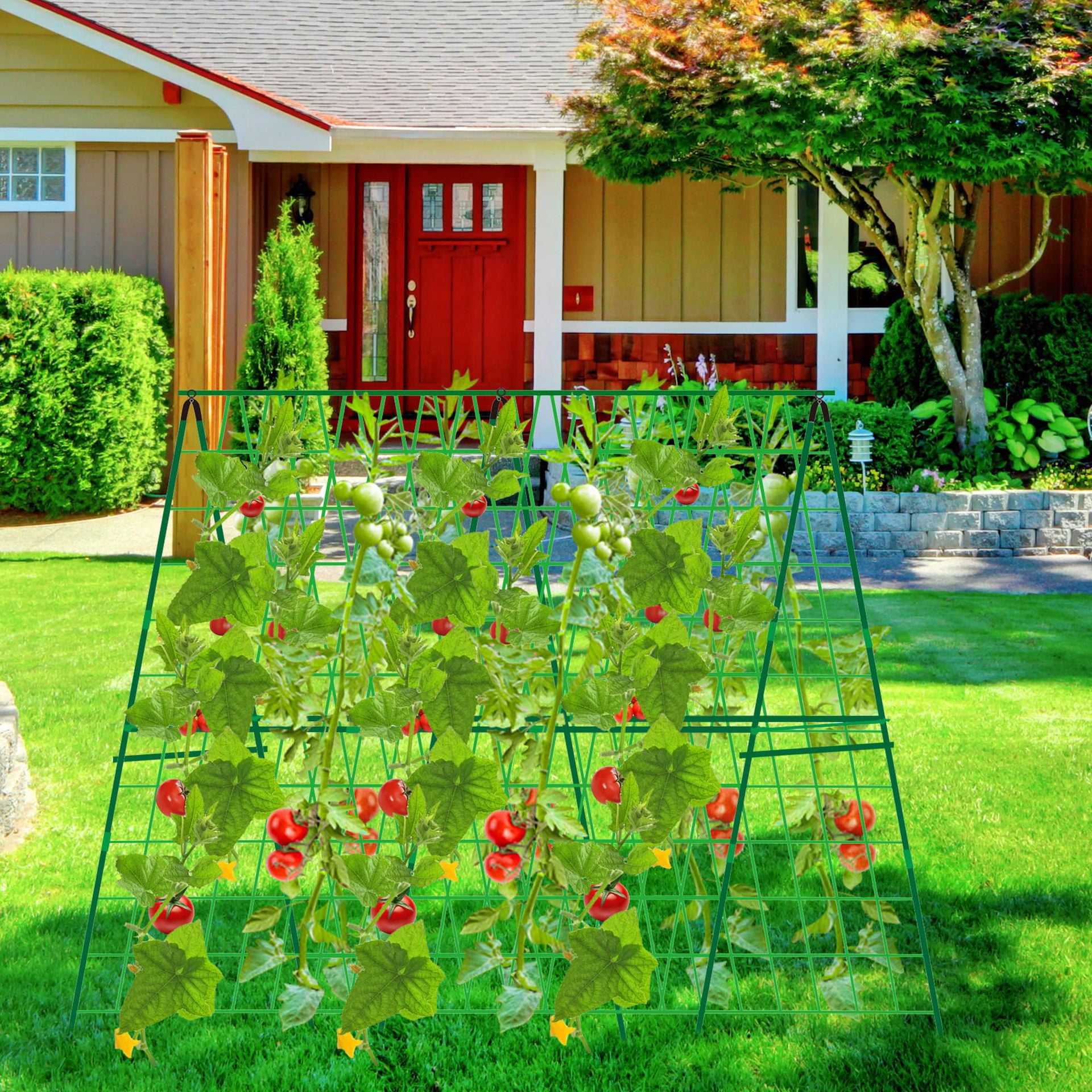 Cucumber Trellis 48 inch A-Frame Garden Trellis for Climbing Plants Outdoor Support for Vegetable Vine Tomato Cucumber Trellis Raised Bed, with Netting, Green