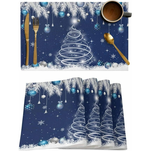 Placemats Set of 6, Cotton Linen Heat Table Mats Non-Slip Washable Merry Christmas Balls Blue Pine Needles Snowflake Xmas Tree Placemat for Holiday Banquet Dining Kitchen Table Decor