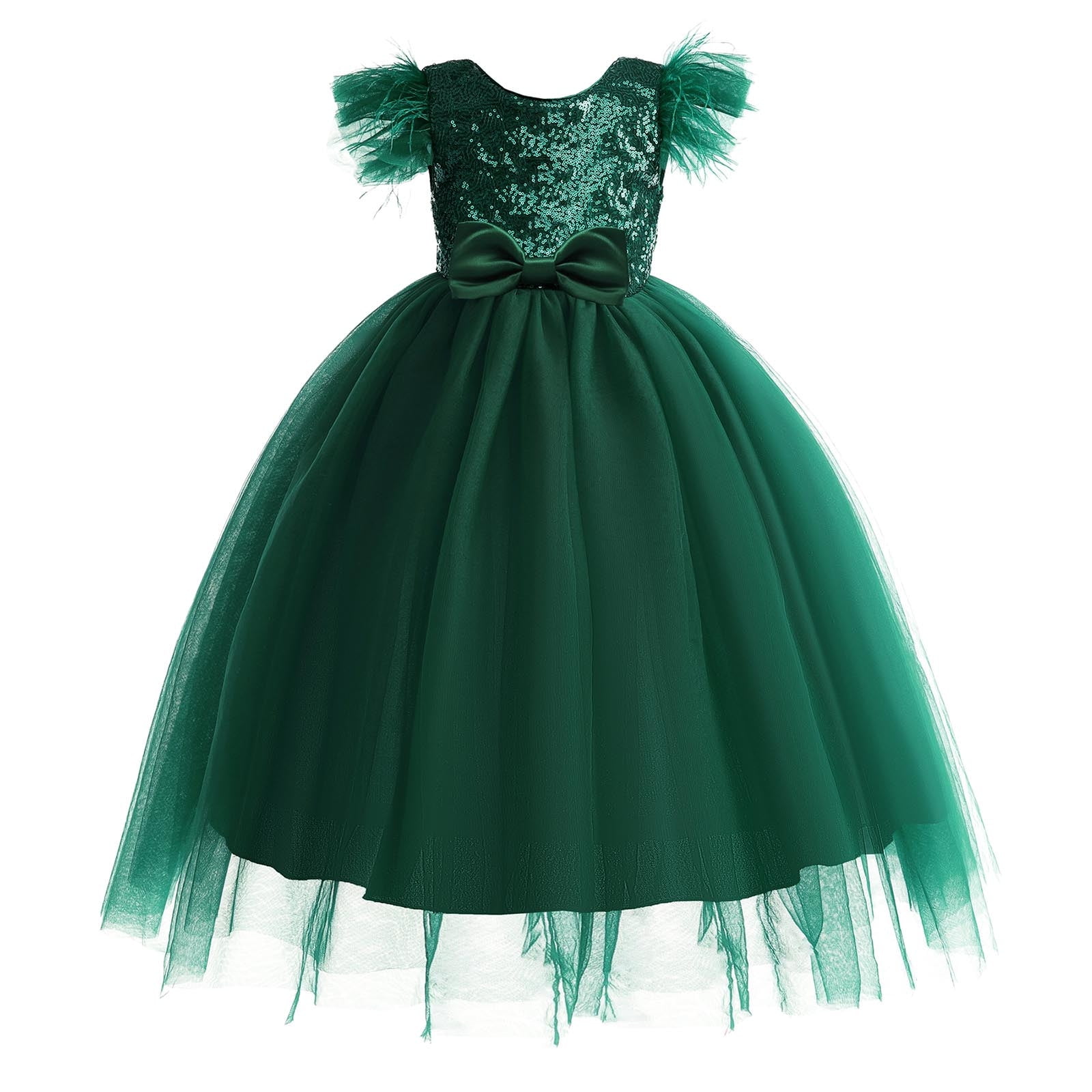 nsendm Girls Dress Big Kid Clothes Cheese Dress Party Dress Girls Long Dress Feather Sleeves Children Dress Sequin Clothes Vintage Dark Dress Green 6 7 Years Walmart